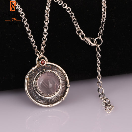 Rose Quartz & Garnet Pendant Round 925 Sterling Silver Pendant