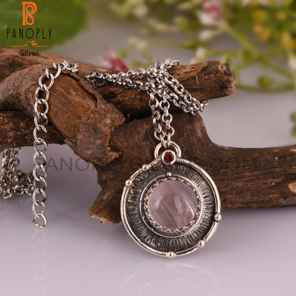 Rose Quartz & Garnet Pendant Round 925 Sterling Silver Pendant