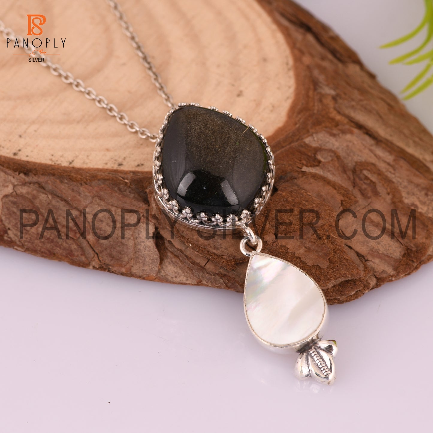 925 Silver Mother Of Pearl & Gold Sheen Gemstone Pendants