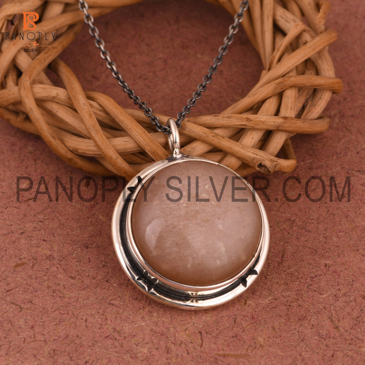Peach Moonstone 925 Sterling Silver Pendant And Necklace