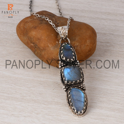 Triple Labradorite 925 Sterling Silver Pendant Necklace