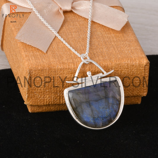 D Shape Labradorite 925 Sterling Silver Pendant Necklace