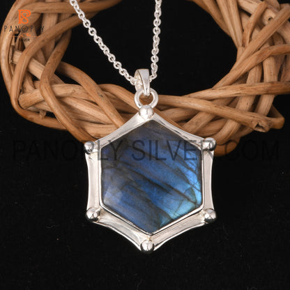 Hexagon Shape 925 Silver Pendant and Necklace Boho Jewelry