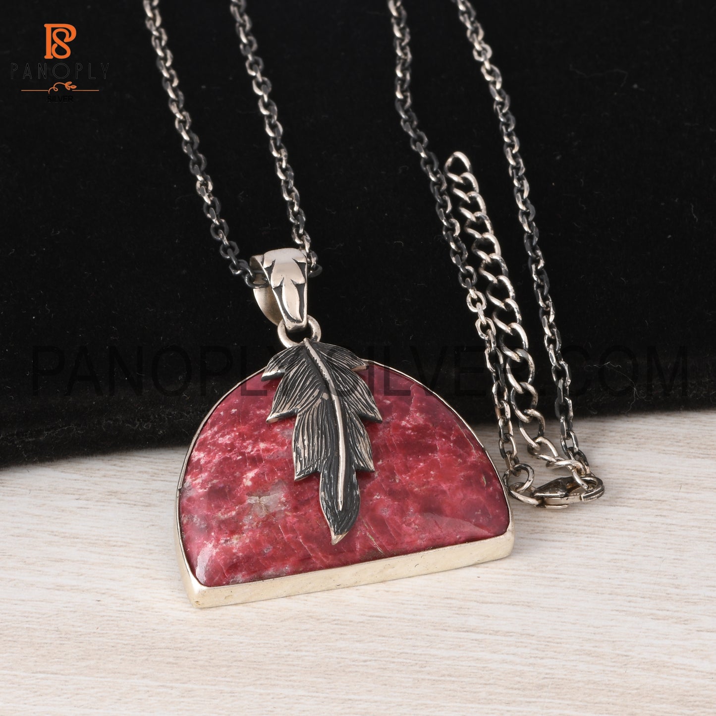 Pink Thulite Leaf Wrapped Necklace 925 Silver Jewelry