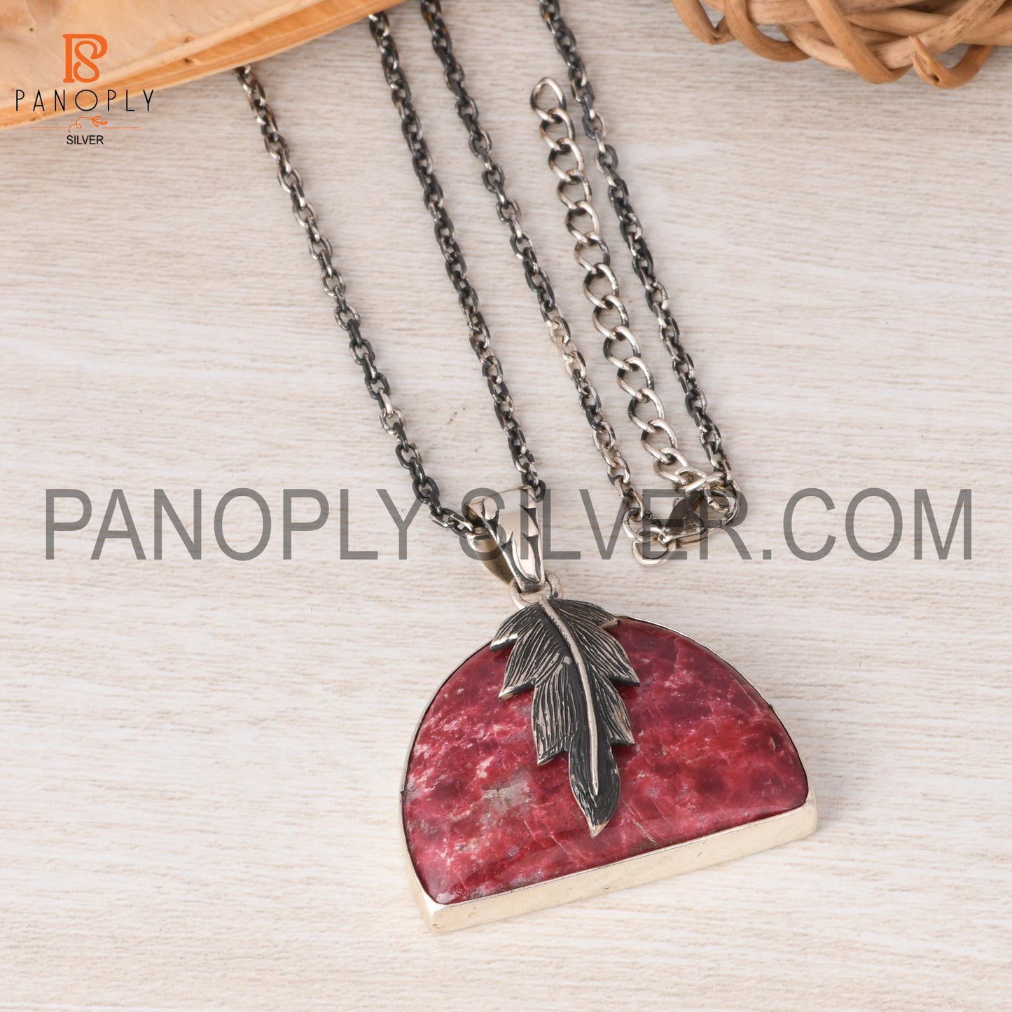 Pink Thulite Leaf Wrapped Necklace 925 Silver Jewelry