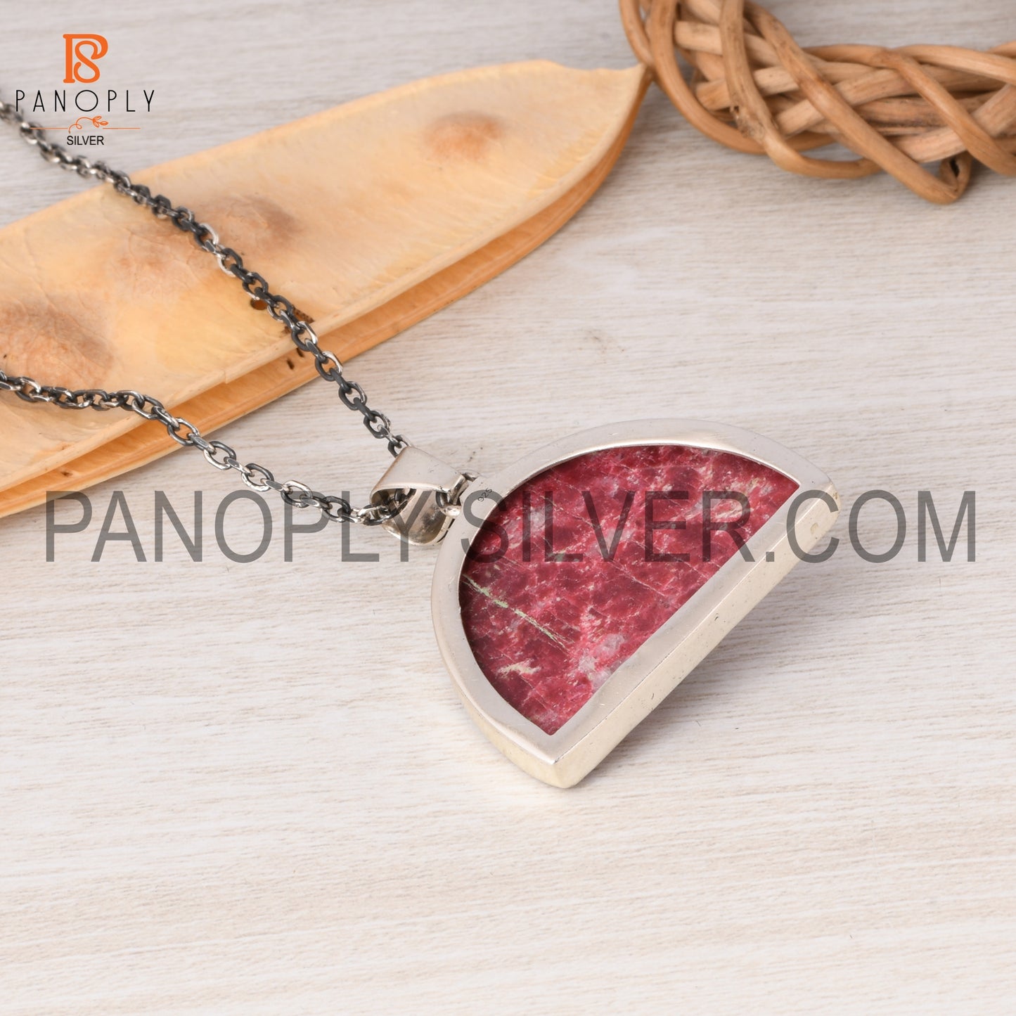 Pink Thulite Leaf Wrapped Necklace 925 Silver Jewelry