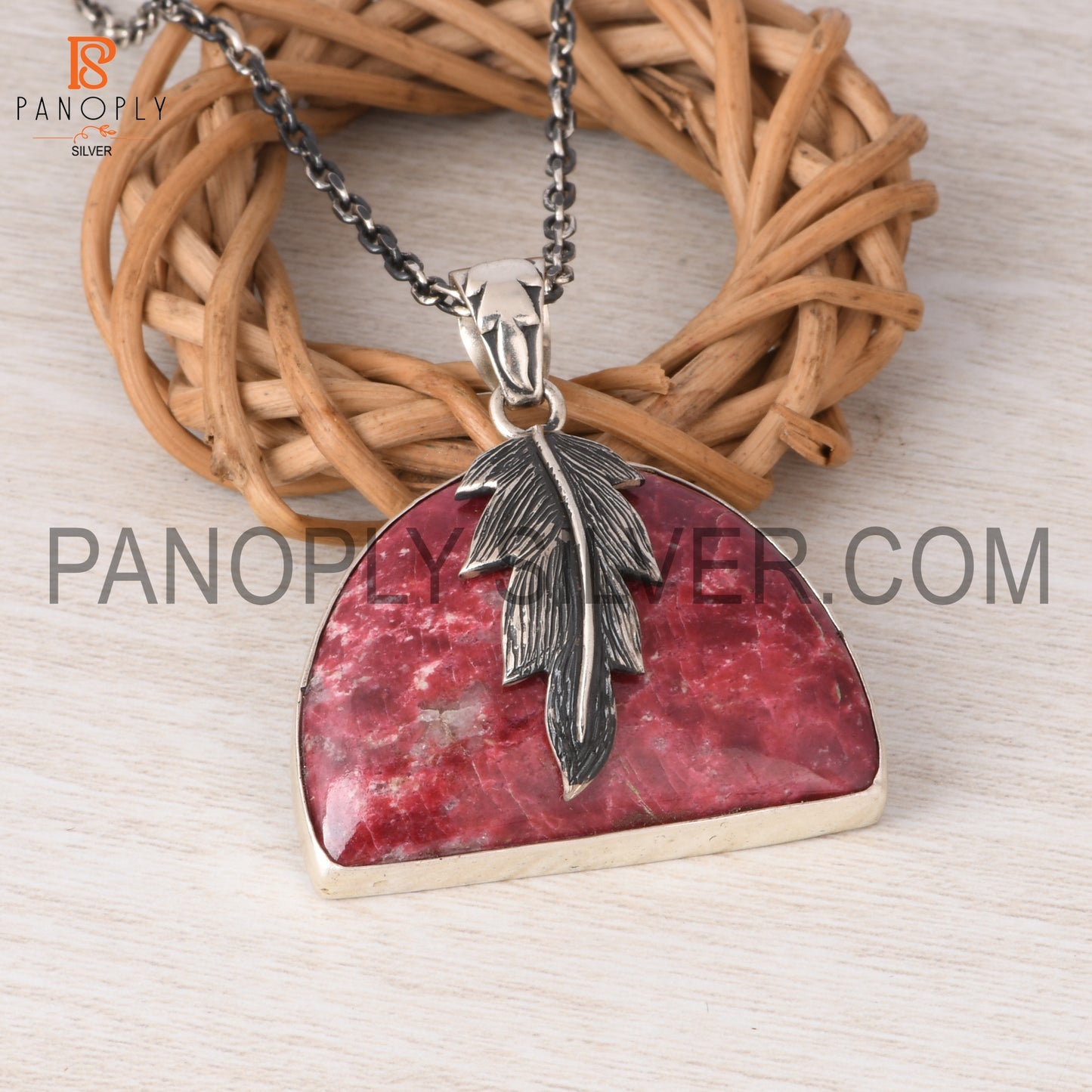 Pink Thulite Leaf Wrapped Necklace 925 Silver Jewelry