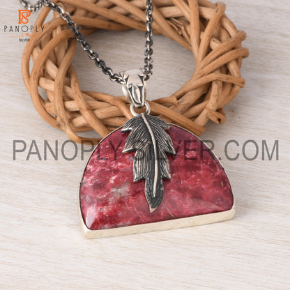 Pink Thulite Leaf Wrapped Necklace 925 Silver Jewelry