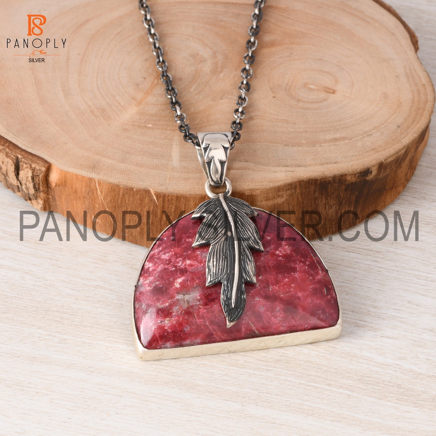Pink Thulite Leaf Wrapped Necklace 925 Silver Jewelry