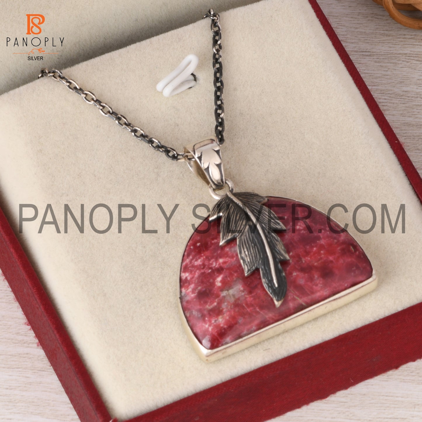 Pink Thulite Leaf Wrapped Necklace 925 Silver Jewelry