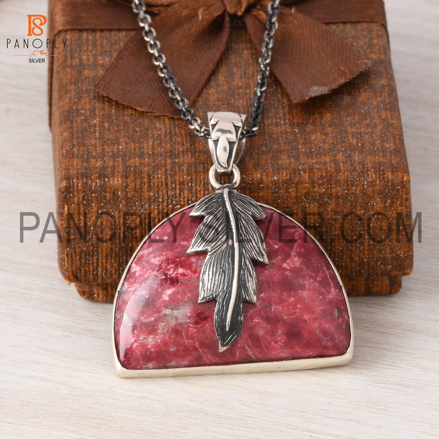 Pink Thulite Leaf Wrapped Necklace 925 Silver Jewelry
