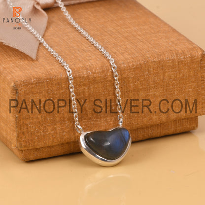Genuine Labradorite  925 Silver Heart Chain Grey Pendant