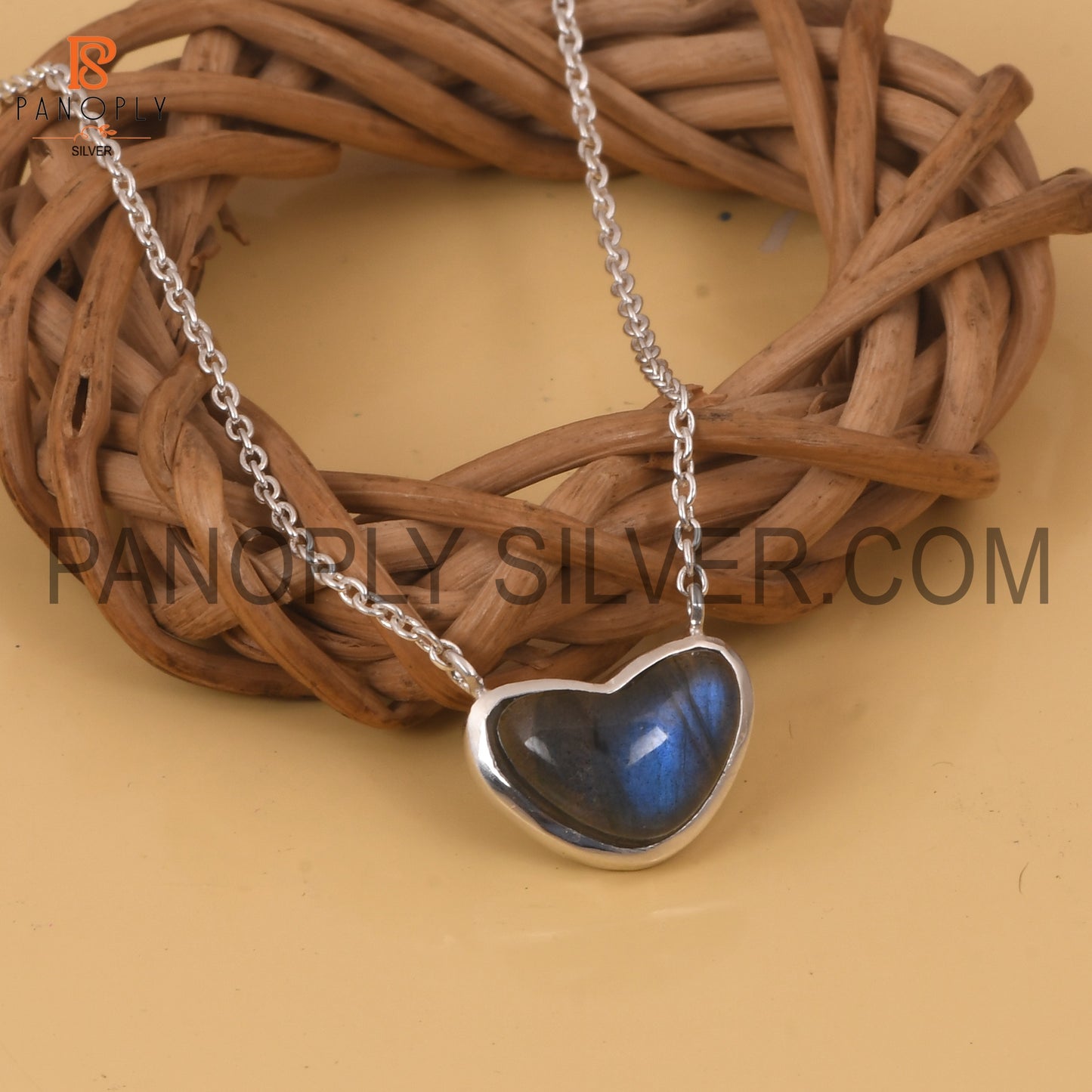 Genuine Labradorite  925 Silver Heart Chain Grey Pendant