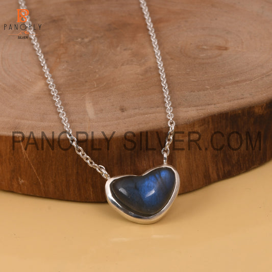 Genuine Labradorite  925 Silver Heart Chain Grey Pendant