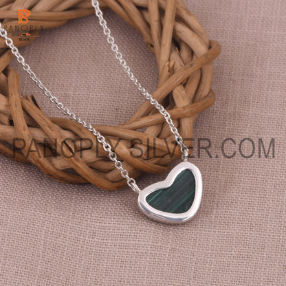 Malachite Gem 925 Silver Heart Shape Cable Chain Pendants
