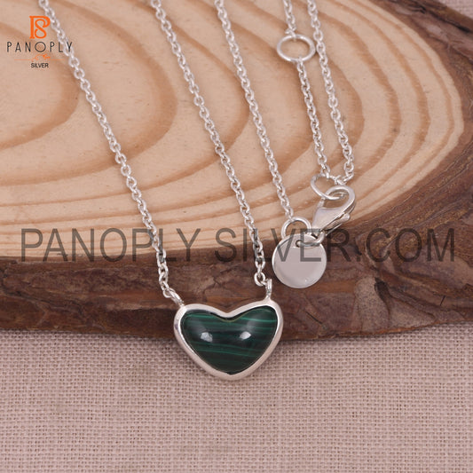 Malachite Gem 925 Silver Heart Shape Cable Chain Pendants
