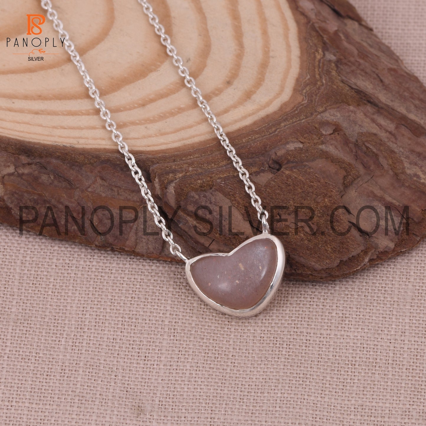Peach Moonstone 925 Sterling Silver Heart Chain  Pendant