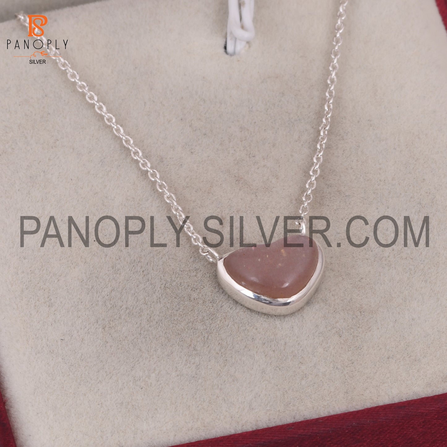 Peach Moonstone 925 Sterling Silver Heart Chain  Pendant