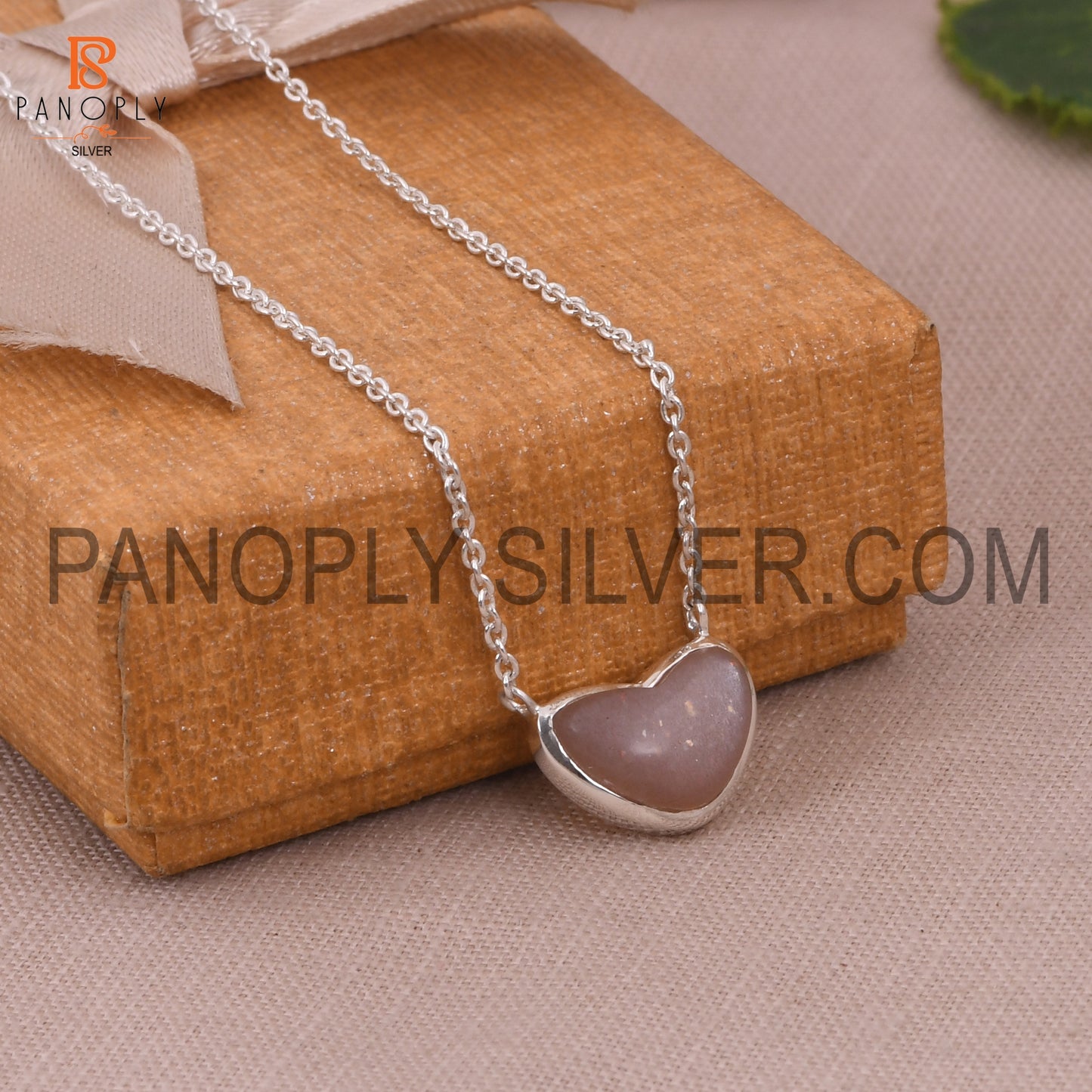 Peach Moonstone 925 Sterling Silver Heart Chain  Pendant