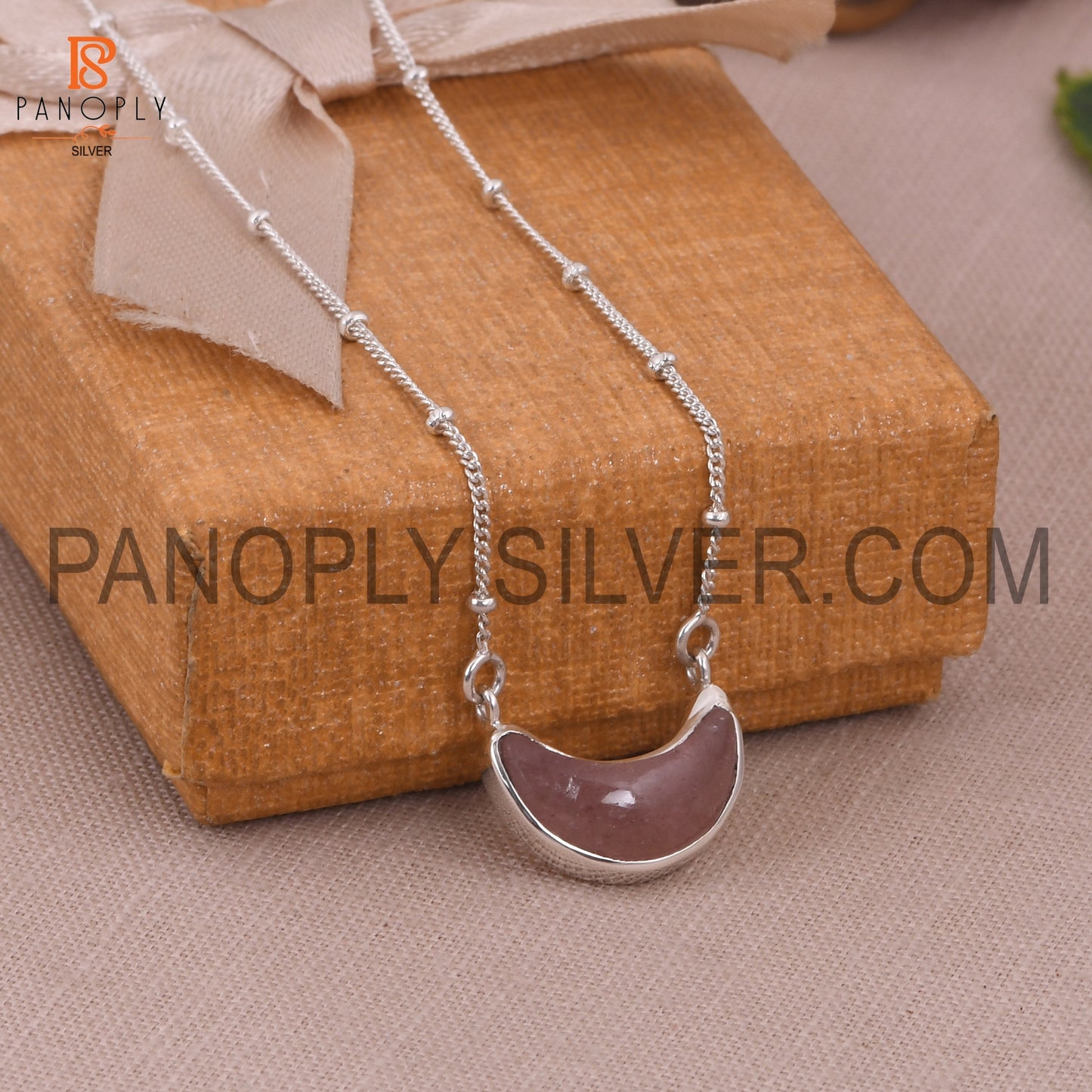 Strawberry Quartz 925 Silver Ball Chain Moon Pendant