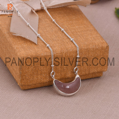Strawberry Quartz 925 Silver Ball Chain Moon Pendant