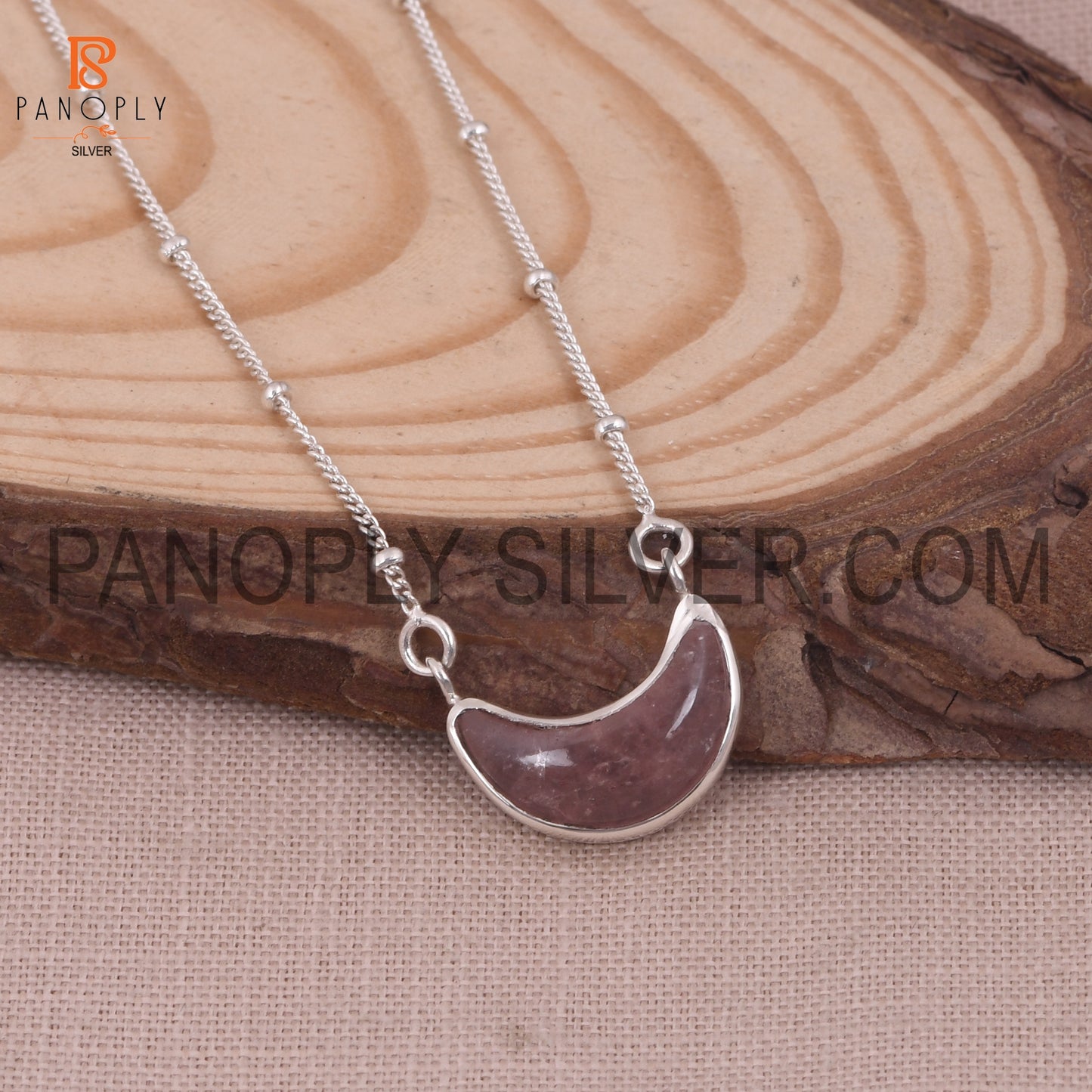 Strawberry Quartz 925 Silver Ball Chain Moon Pendant