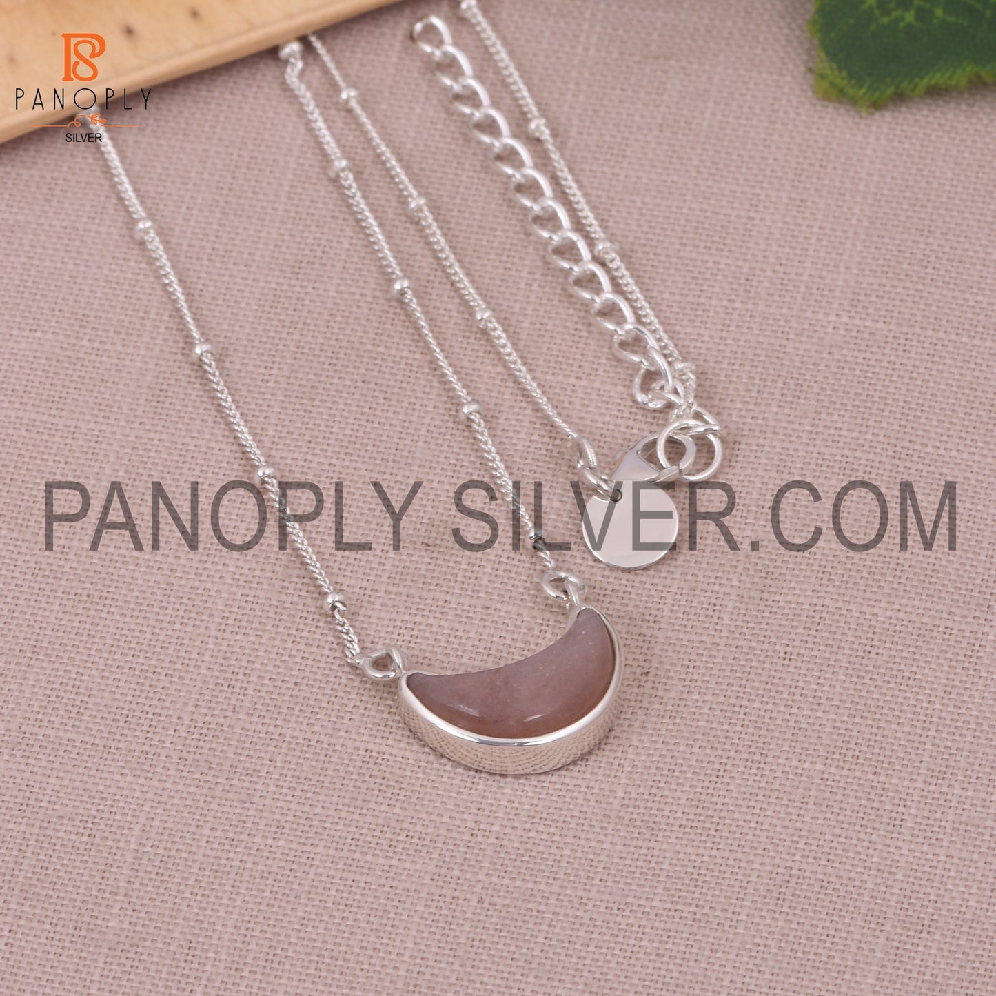 Strawberry Quartz 925 Silver Ball Chain Moon Pendant