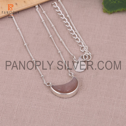 Strawberry Quartz 925 Silver Ball Chain Moon Pendant