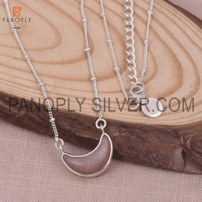 Strawberry Quartz 925 Silver Ball Chain Moon Pendant