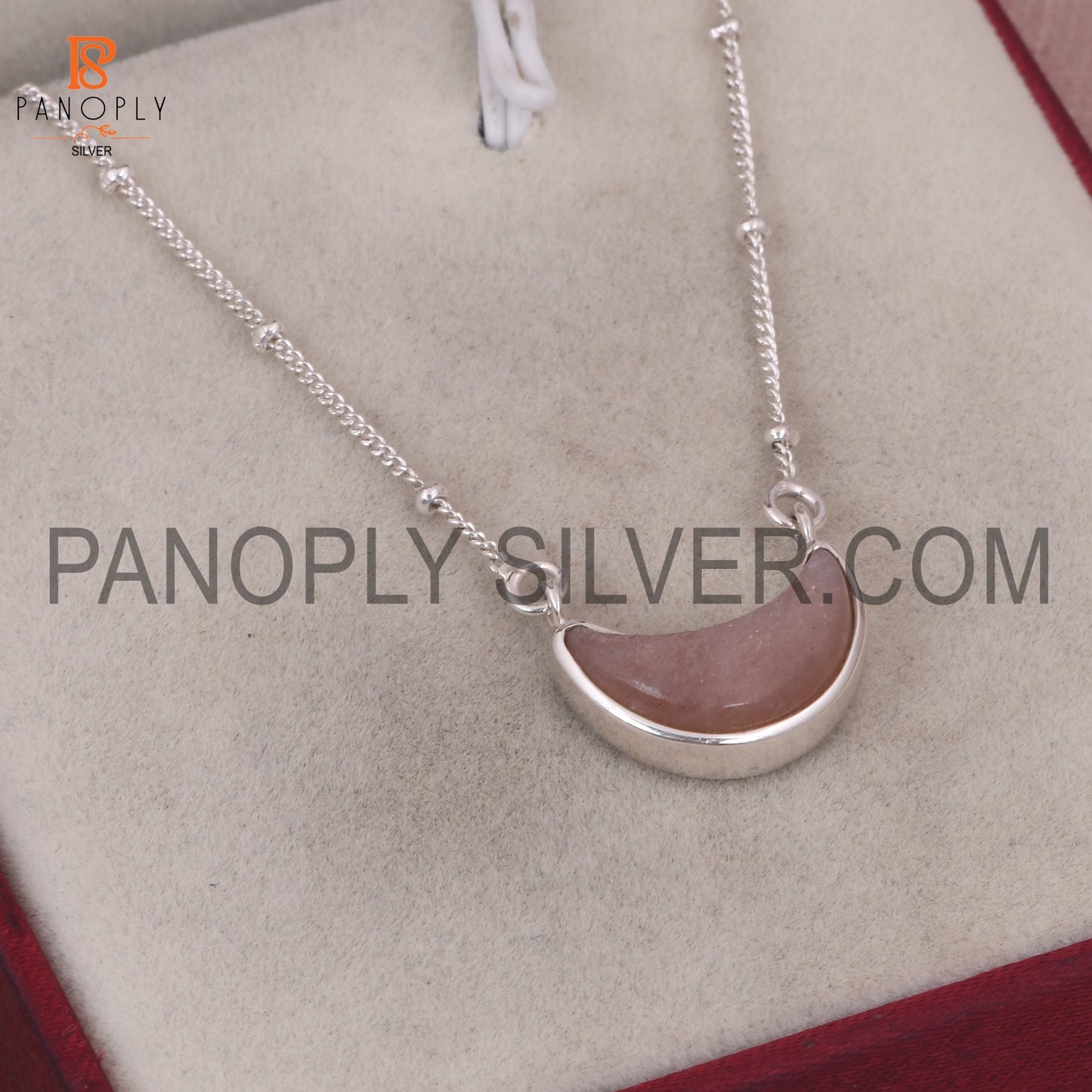Strawberry Quartz 925 Silver Ball Chain Moon Pendant