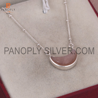 Strawberry Quartz 925 Silver Ball Chain Moon Pendant