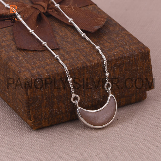 Strawberry Quartz 925 Silver Ball Chain Moon Pendant