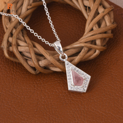 925 Quality Strawberry Quartz & Cz Kite Shape Pendant