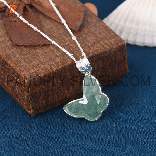 Green Strawberry Quartz Butterfly Shape 925 Silver Pendant