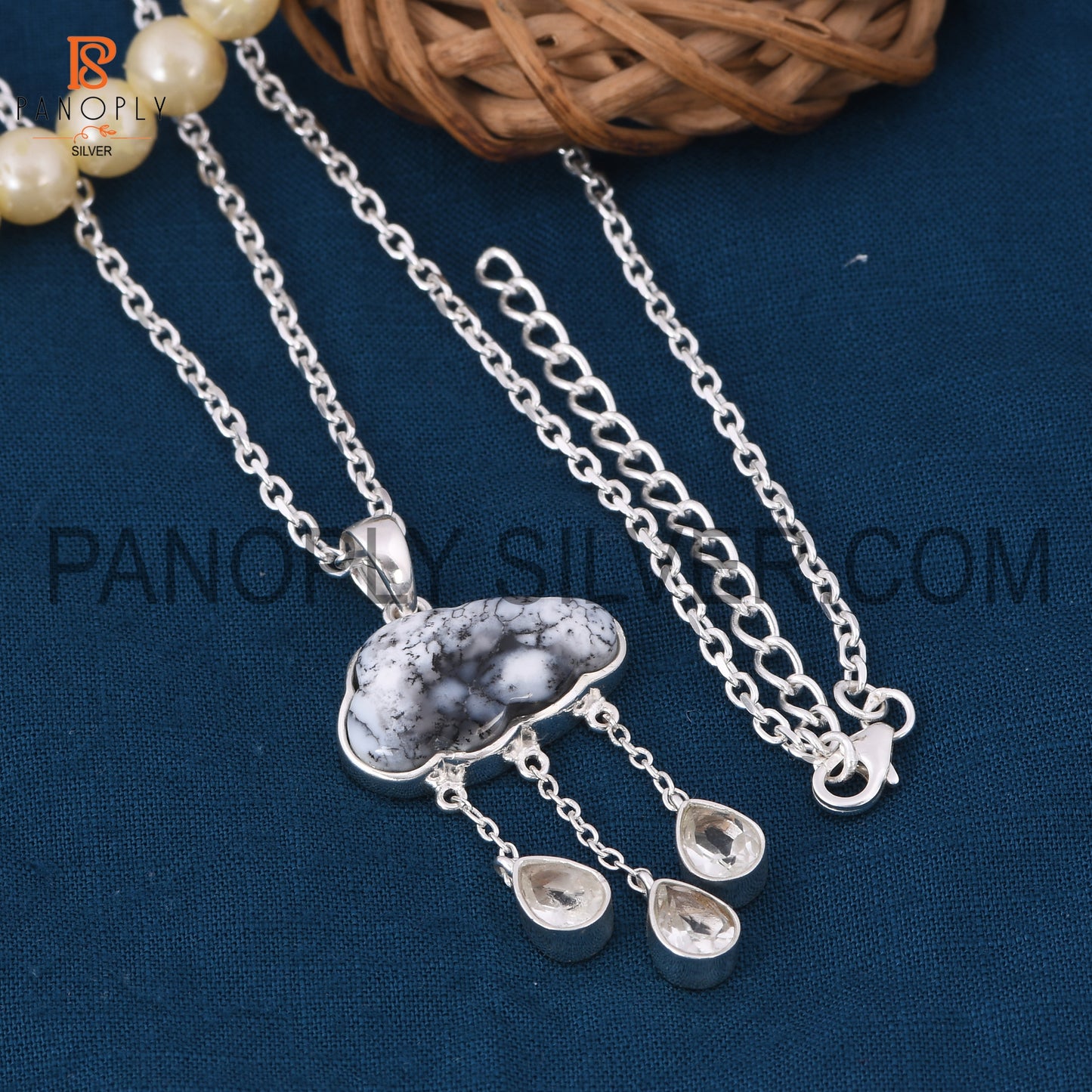 Dendrite Cloud Three Crystal Quartz Drops 925 Silver Pendant