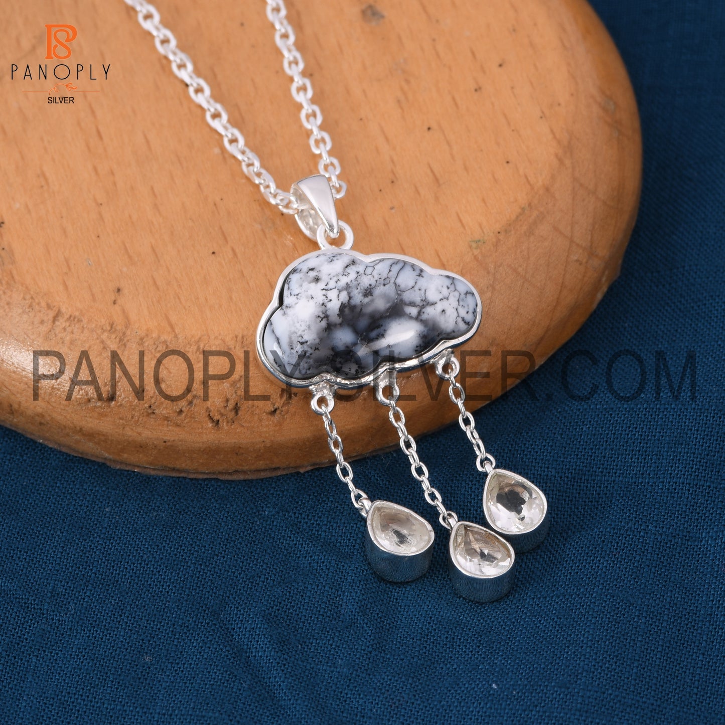 Dendrite Cloud Three Crystal Quartz Drops 925 Silver Pendant