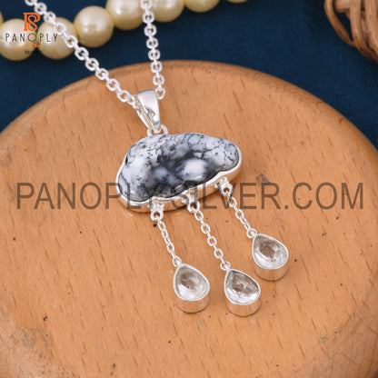 Dendrite Cloud Three Crystal Quartz Drops 925 Silver Pendant