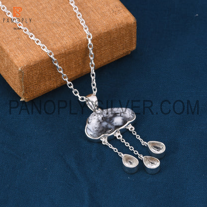 Dendrite Cloud Three Crystal Quartz Drops 925 Silver Pendant