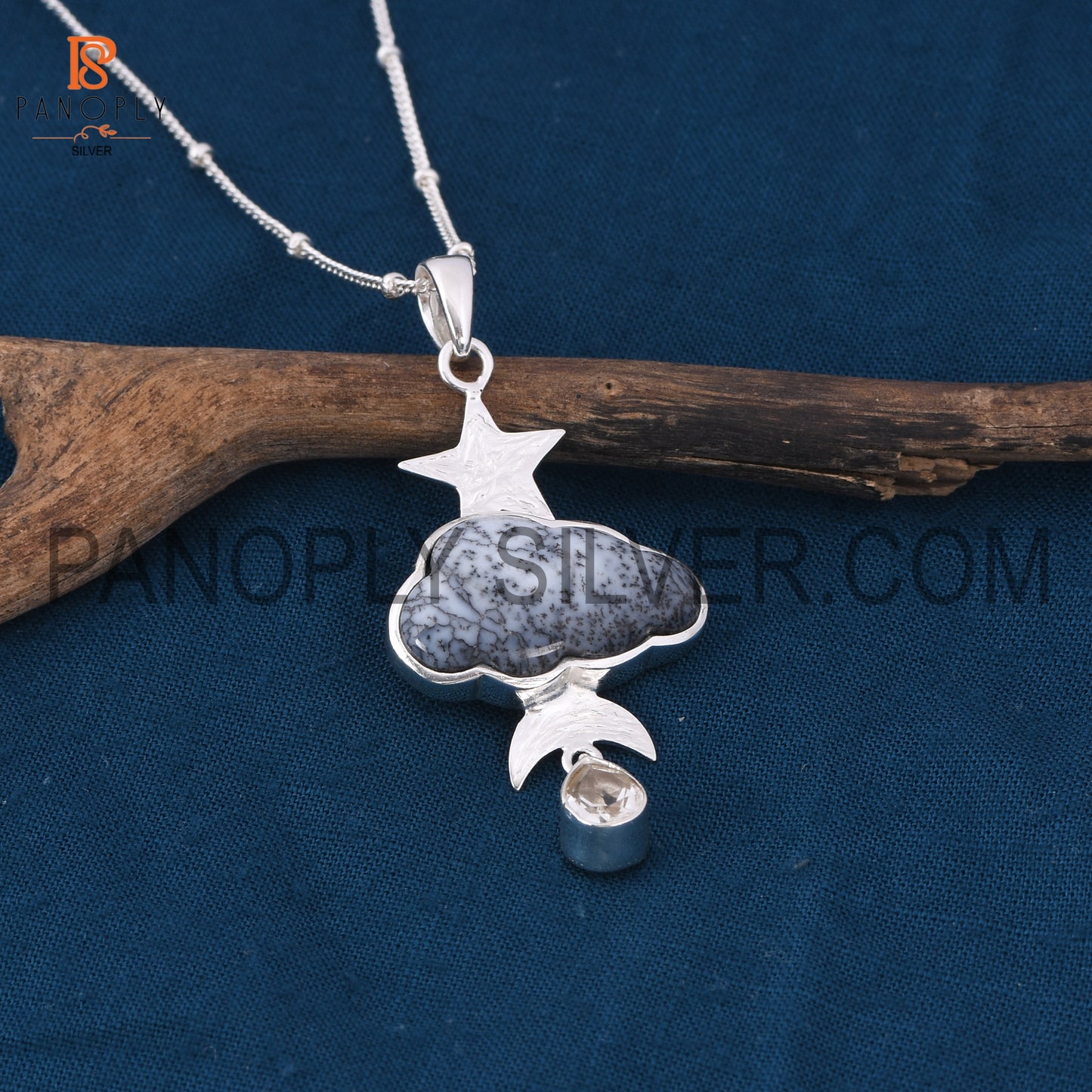 Dendrite celestial pendant with crystal quartz raindrops