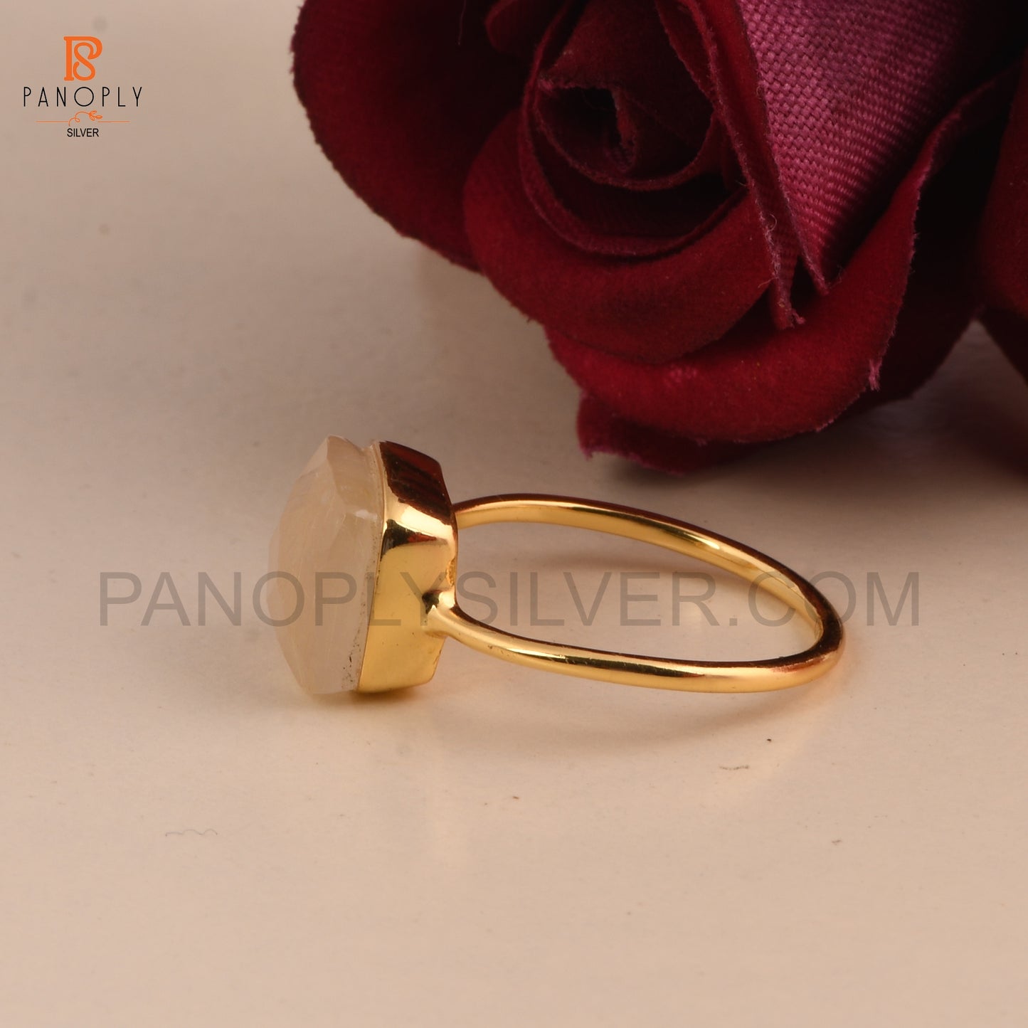 Rainbow Moonstone Silver Taper Shape Gold Plated Rings