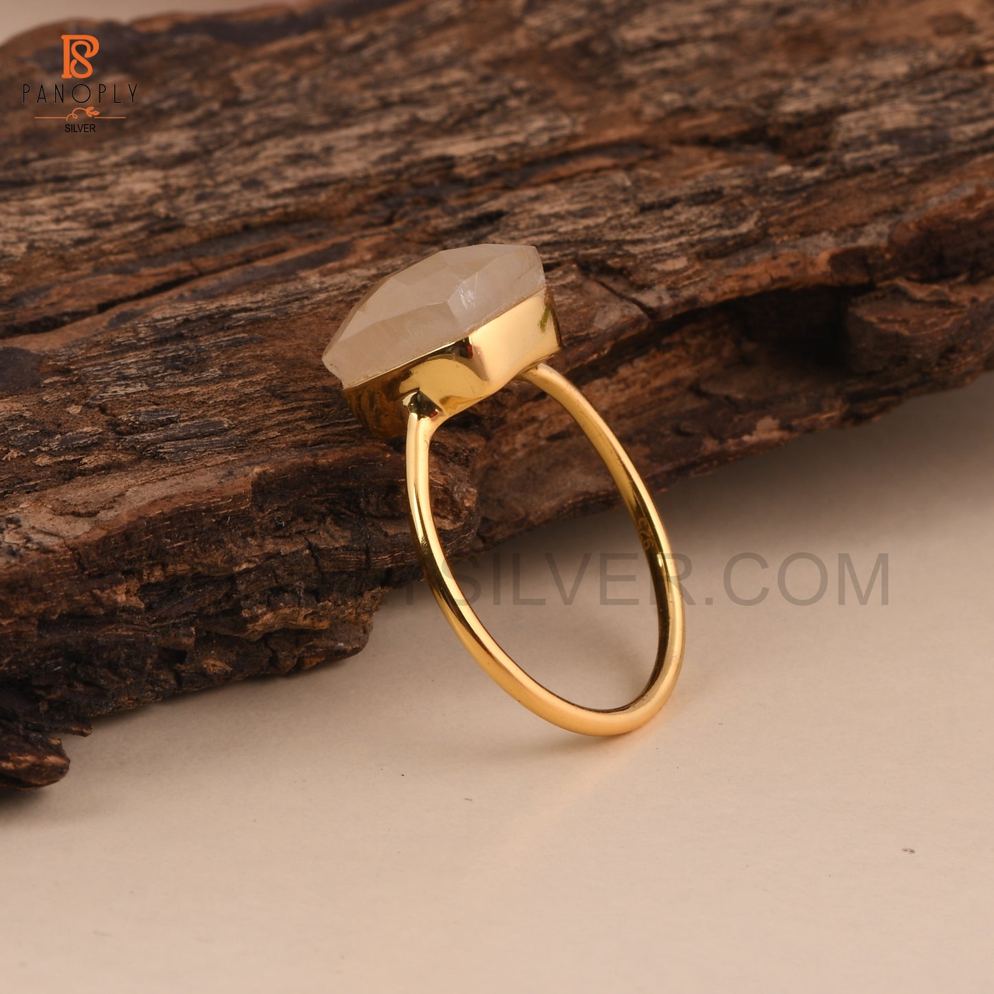 Rainbow Moonstone Silver Taper Shape Gold Plated Rings