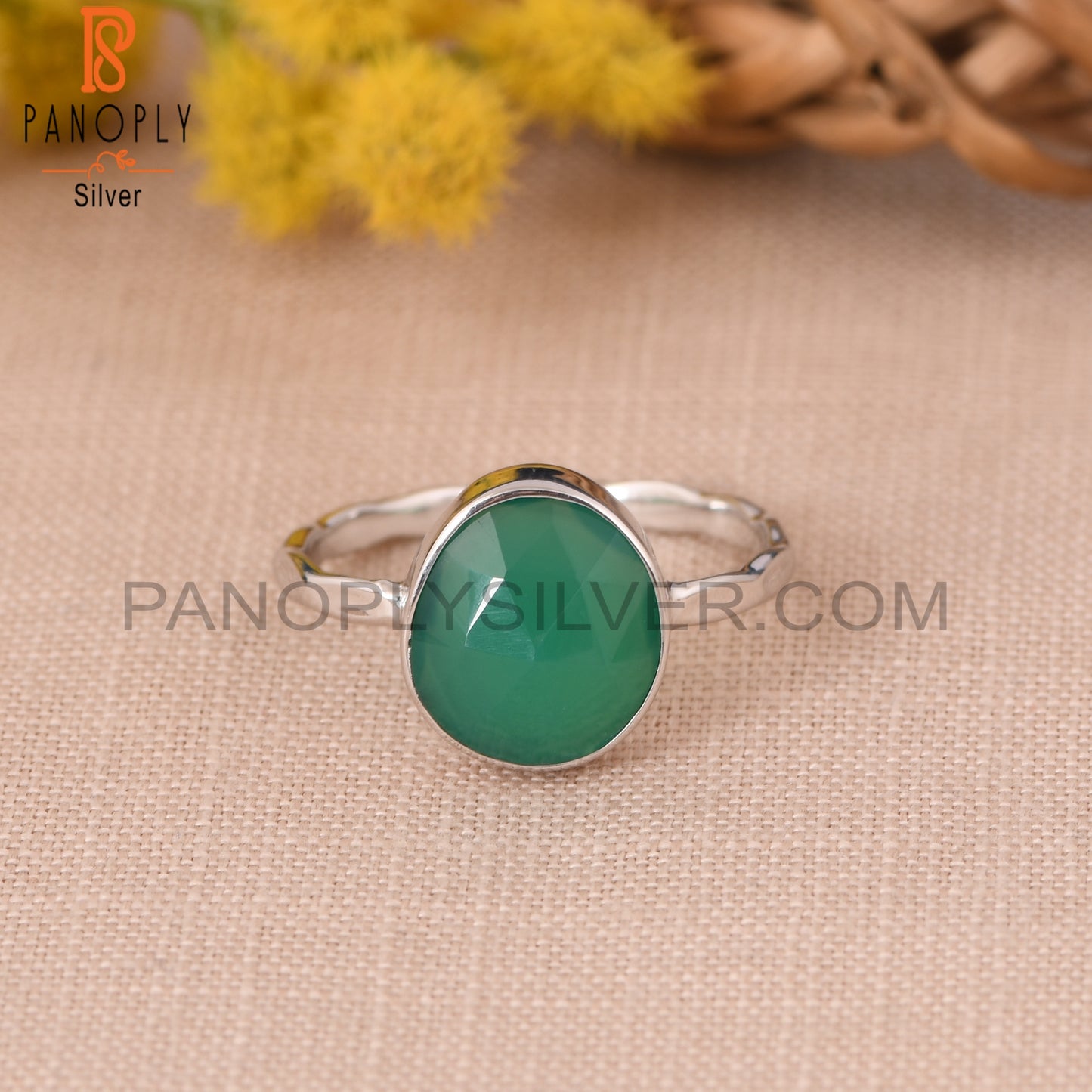 Bezel Set Green Onyx Gemstone 925 Sterling Silver Rings
