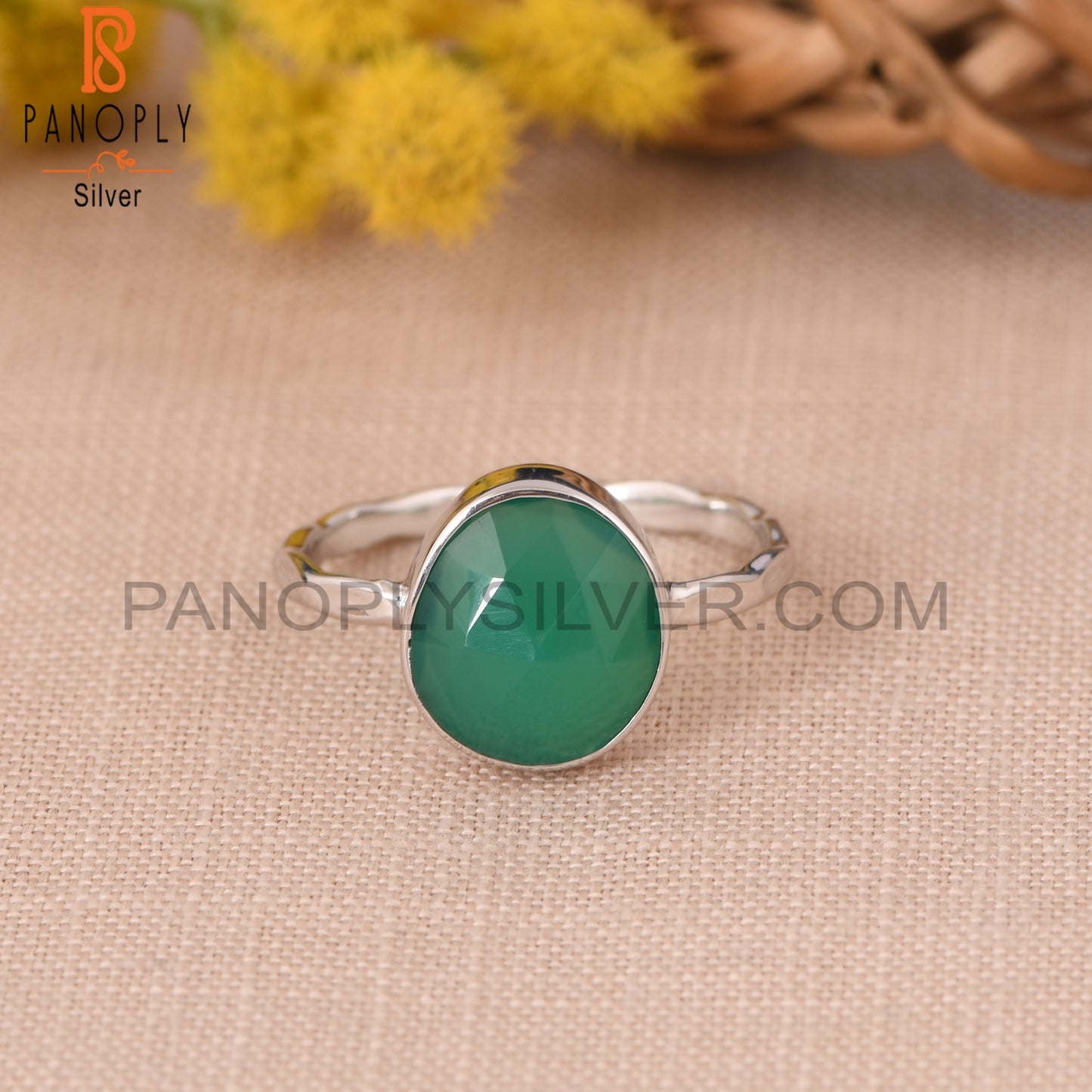 Bezel Set Green Onyx Gemstone 925 Sterling Silver Rings
