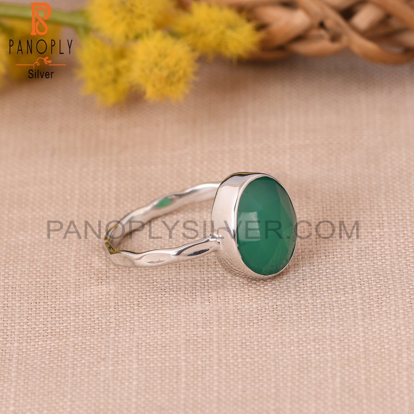 Bezel Set Green Onyx Gemstone 925 Sterling Silver Rings