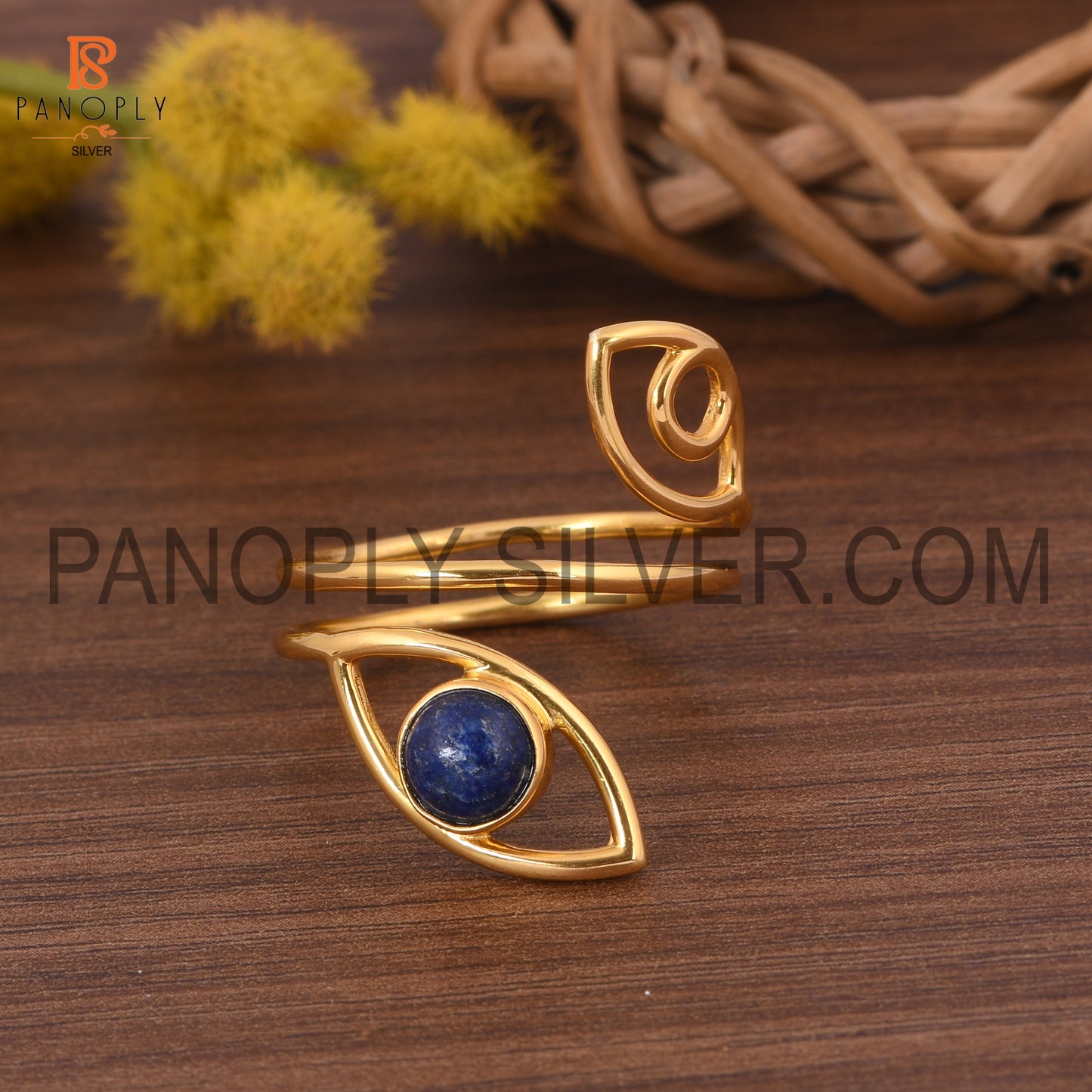 Double Evil Eye Lapis Lazuli Gemstone Gold Plated Rings