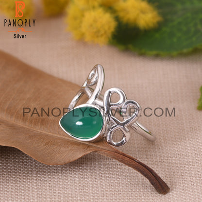 White Rhodium Plated Green Onyx Filigree Band Rings