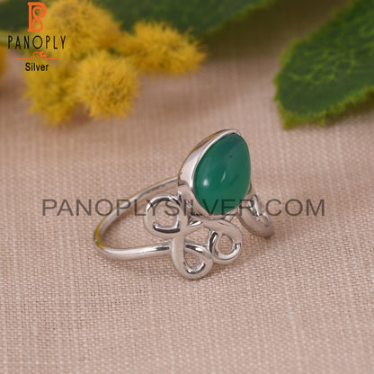 White Rhodium Plated Green Onyx Filigree Band Rings