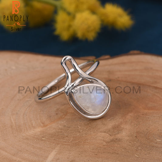 Natural 925 Silver Rainbow Moonstone Pear Ring Jewelry