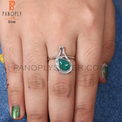 White Plated Green Onyx Gem Ring Jewelry