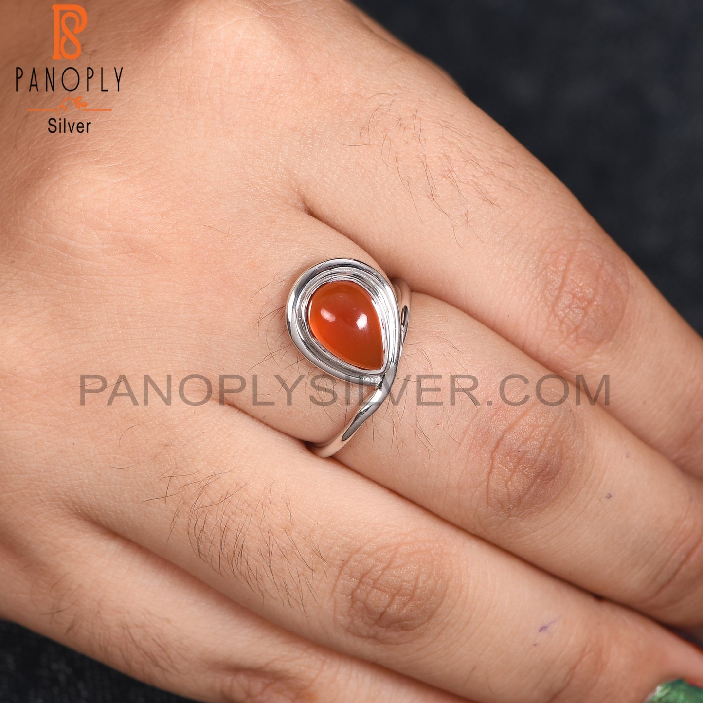 Carnelian Chalcedony 925 Silver White Rhoudim Plated Ring